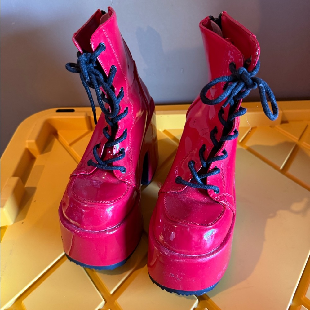 Demonia Shiny Red Platform Boots